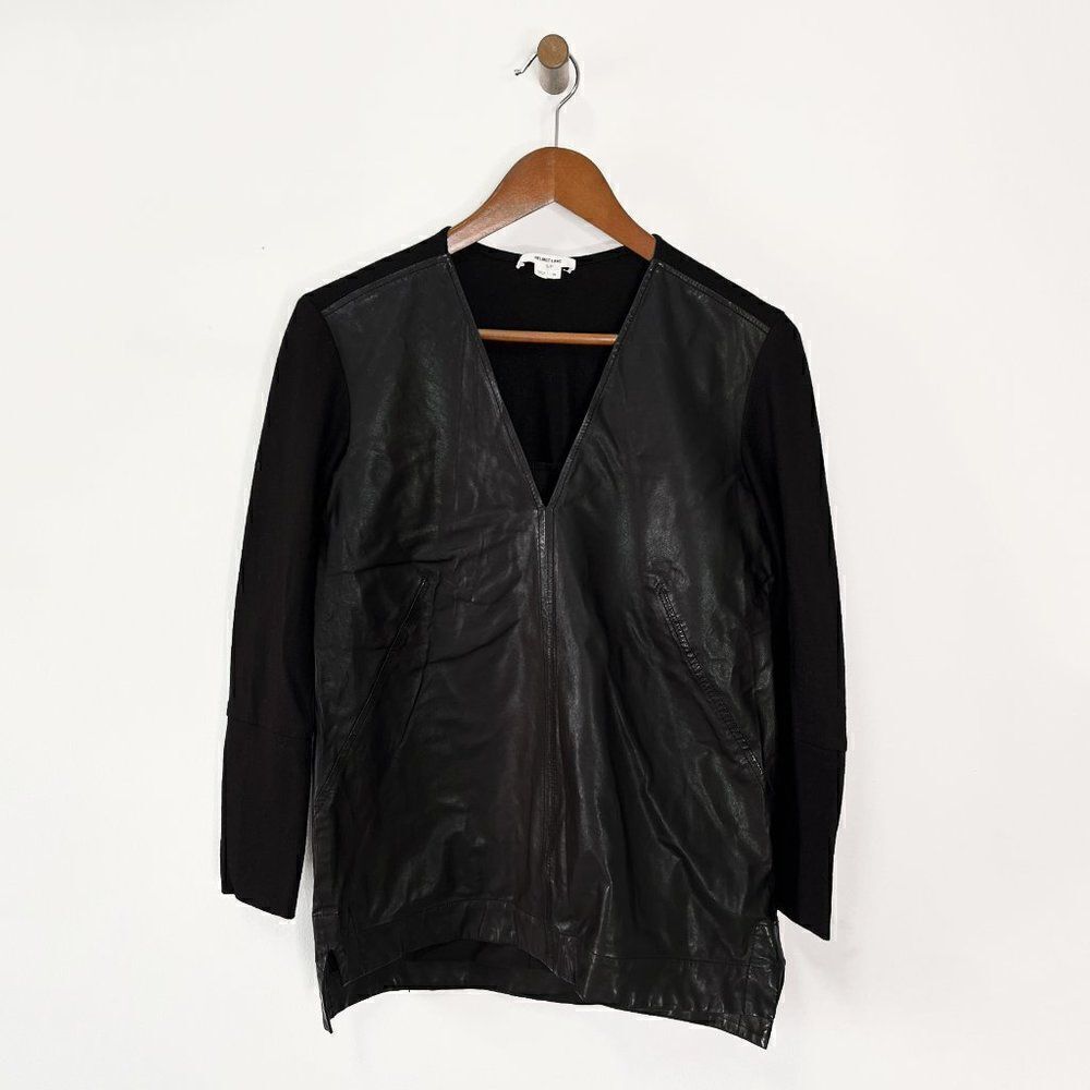 Helmut Lang Black Genuine Leather Long Sleeve V-Neck Top